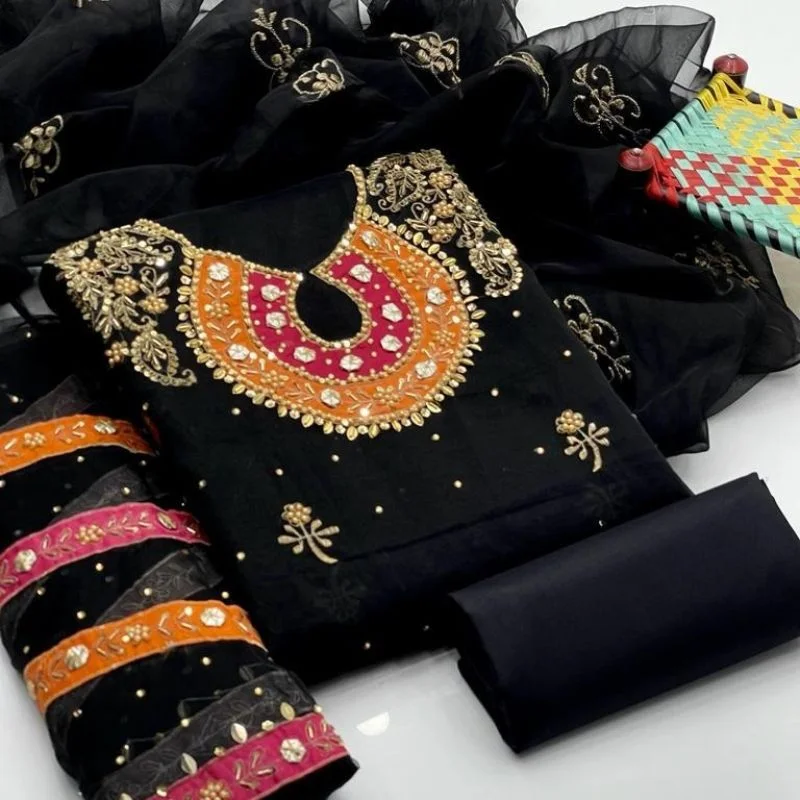 organza 3 piece suit for women | unstitched handmade aari zari & beads work